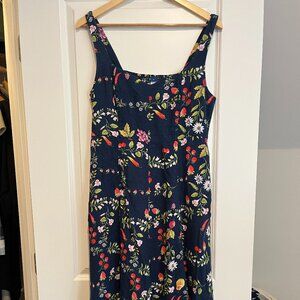 Linen Blend Fit and Flare Midi Dress, Navy, Sweetheart Neckline